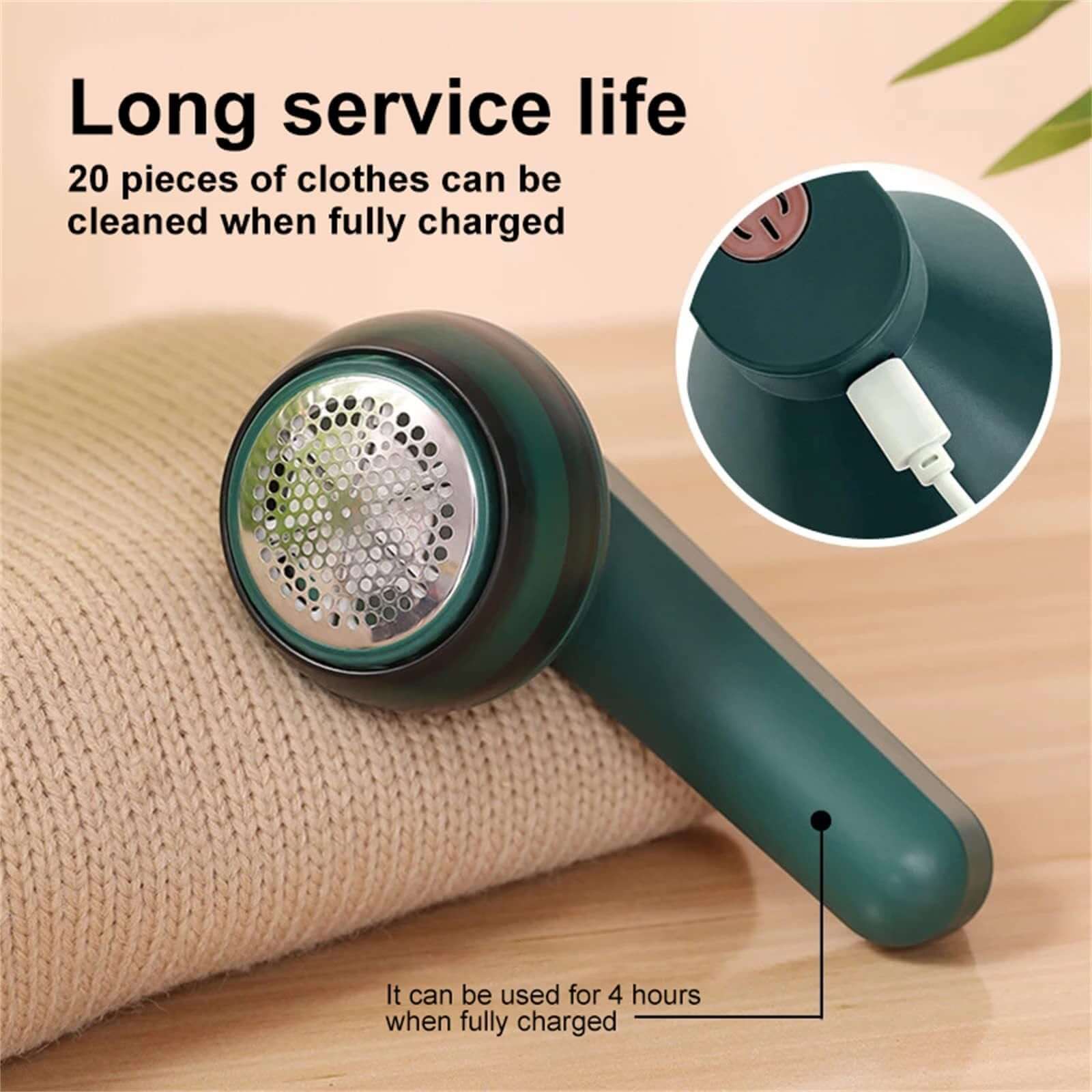 USB Electric Lint Remover with long service life, capable of cleaning 20 pieces of clothing when fully charged.